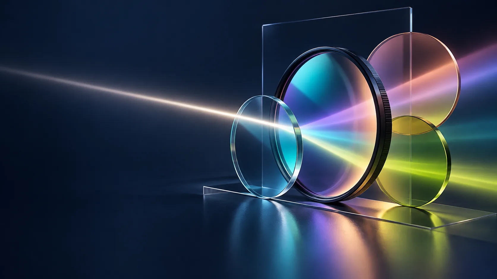 Optical glass filters splitting light into creative colours
