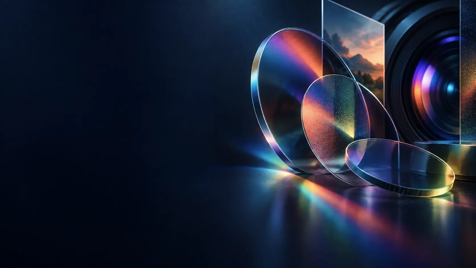 Optical filters and a camera lens casting colourful light
