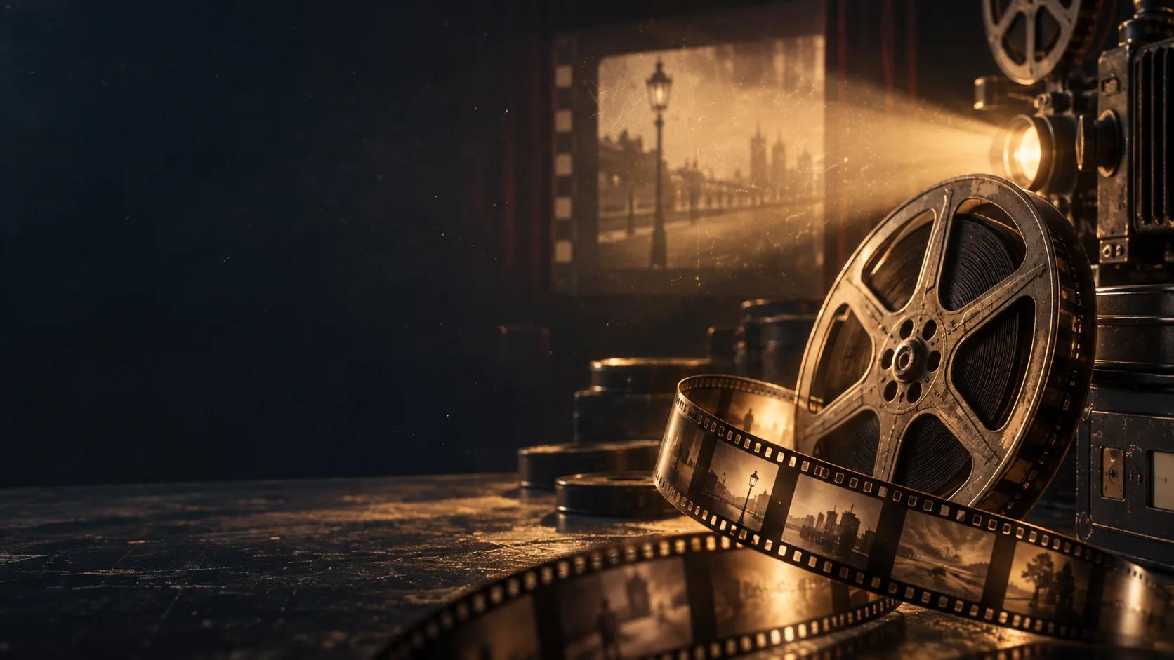 Old film reel and projector creating a warm vintage cinema effect